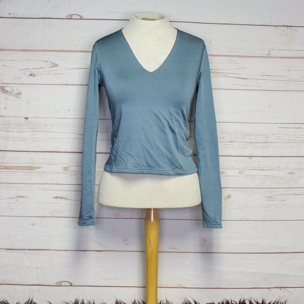 J. Crew Long‎ Sleeve V-Neck Cropped Blue Shirt Blouse Women's Small Y2K